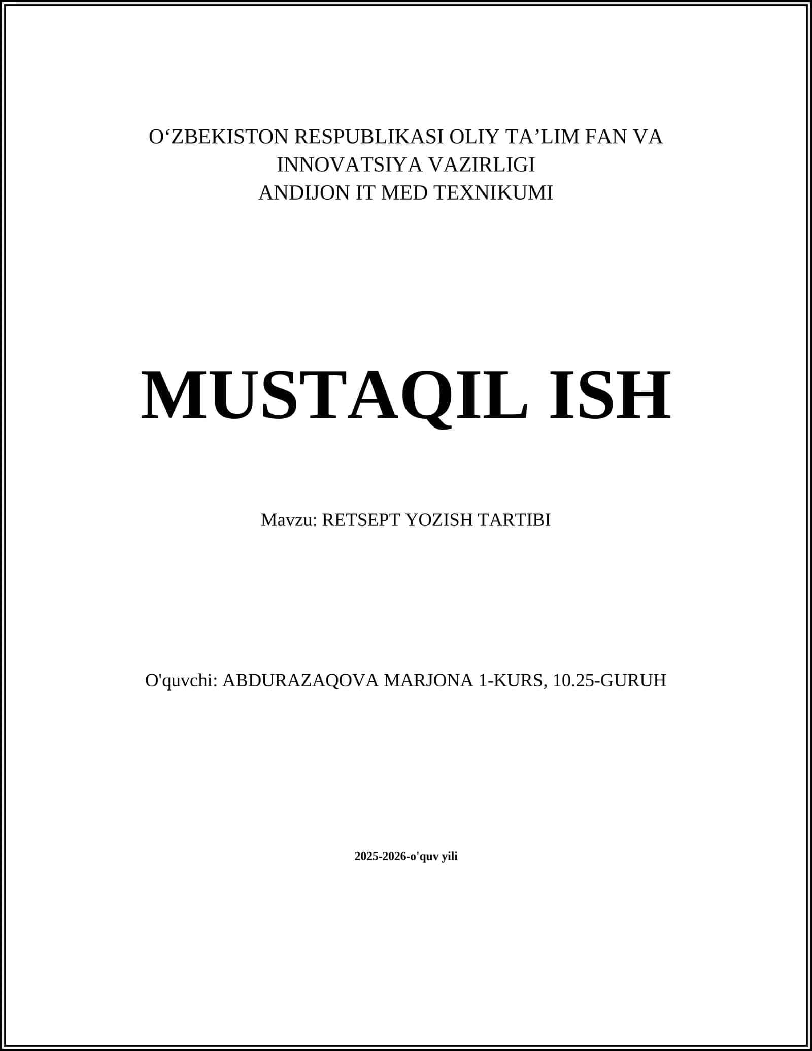 RETSEPT YOZISH TARTIBI