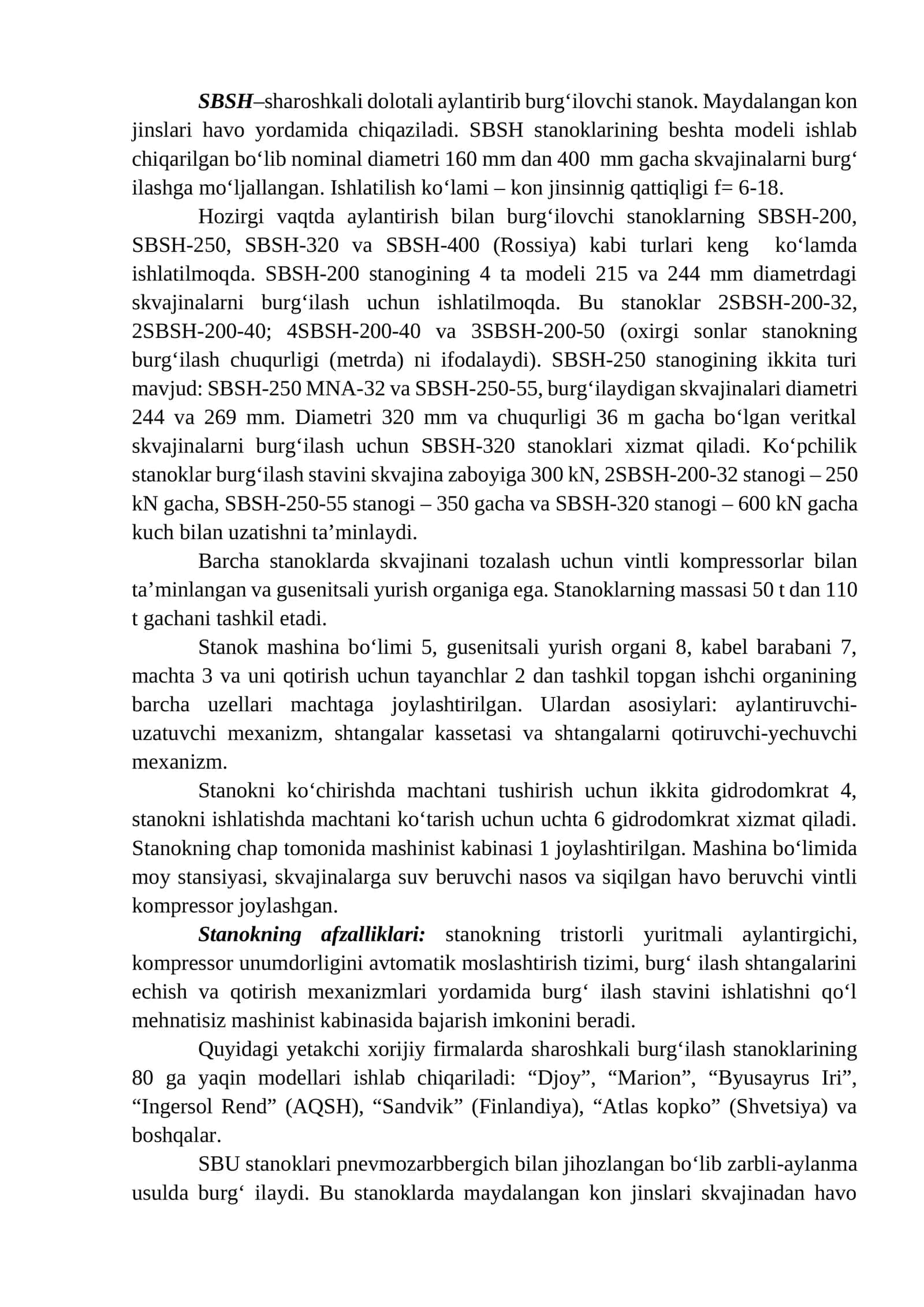 SBSH shartobali aylantirib burg‘ilovchi stanoklar
