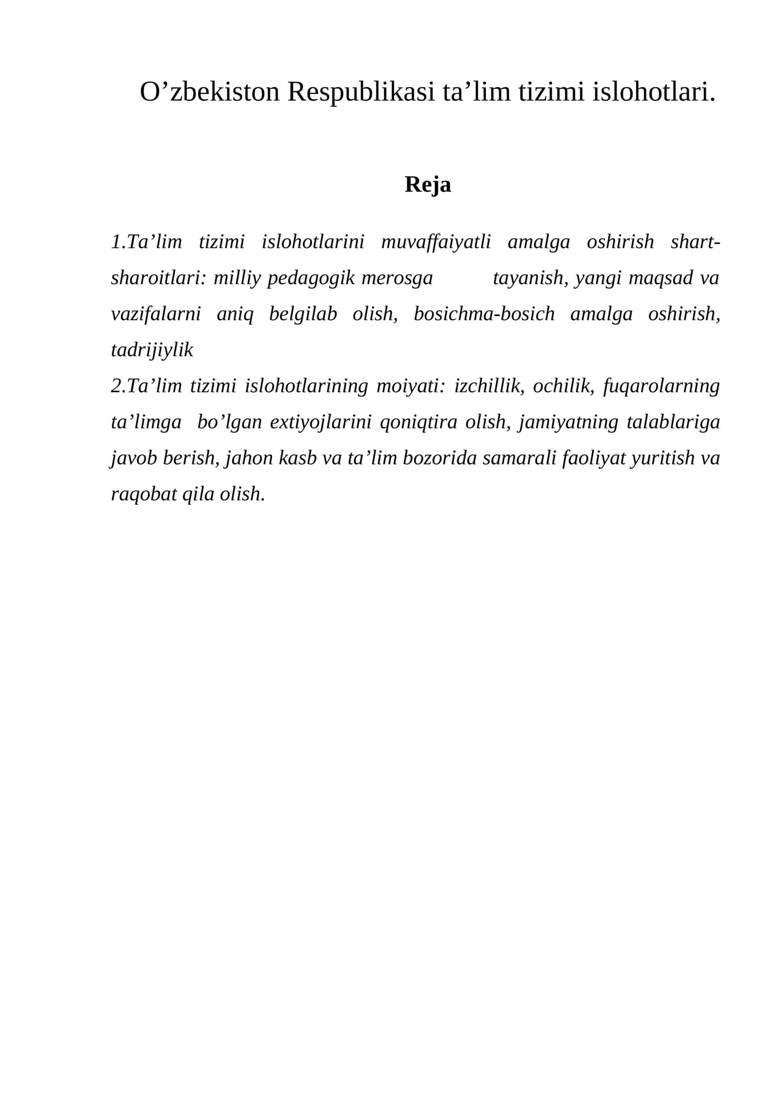Ta’lim tizimi islohotlari