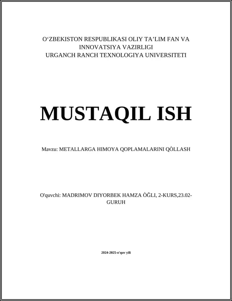METALLARGA HIMOYA QOPLAMALARINI QÒLLASH