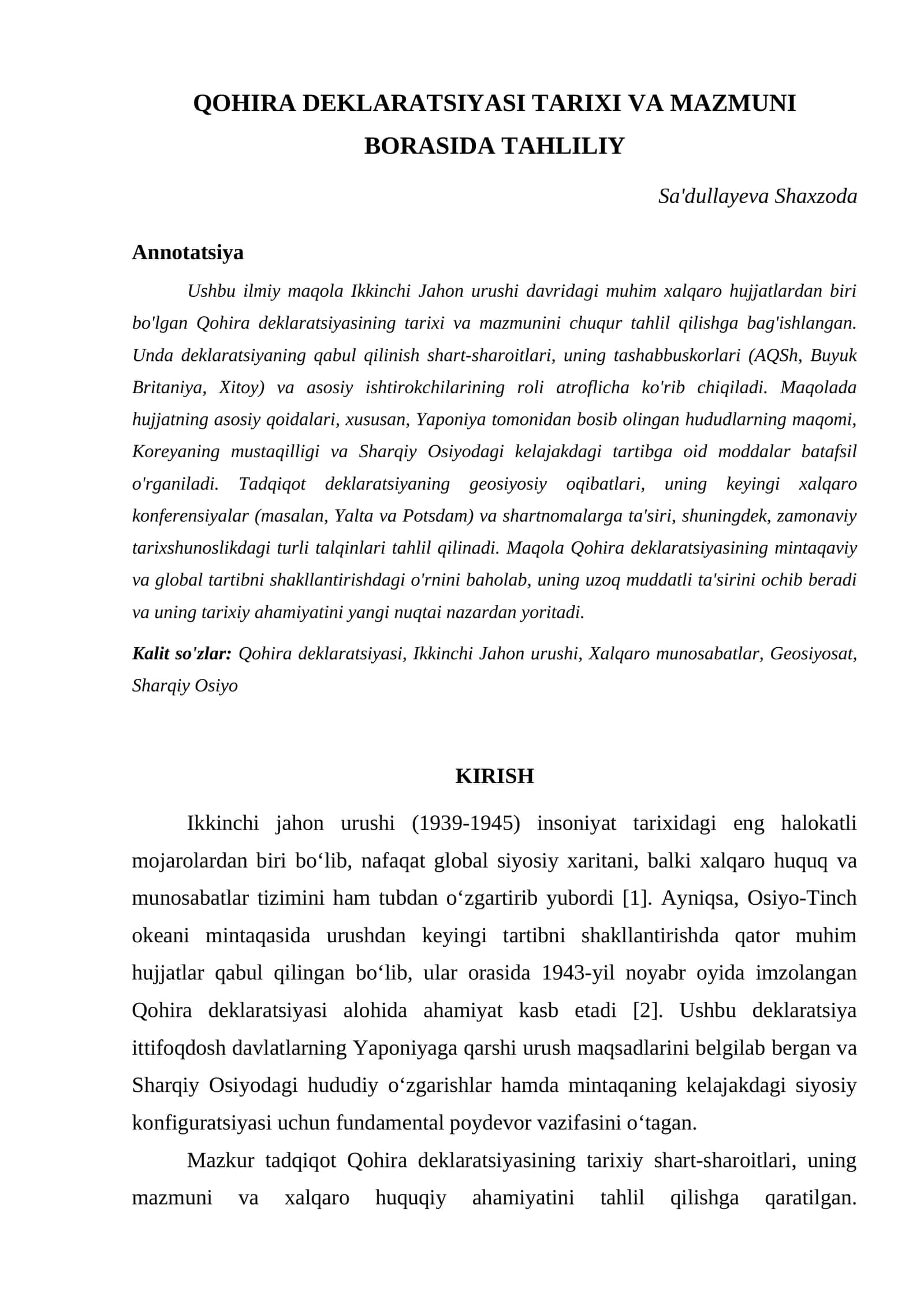 QOHIRA DEKLARATSIYASI TARIXI VA MAZMUNI BORASIDA TAHLILIY