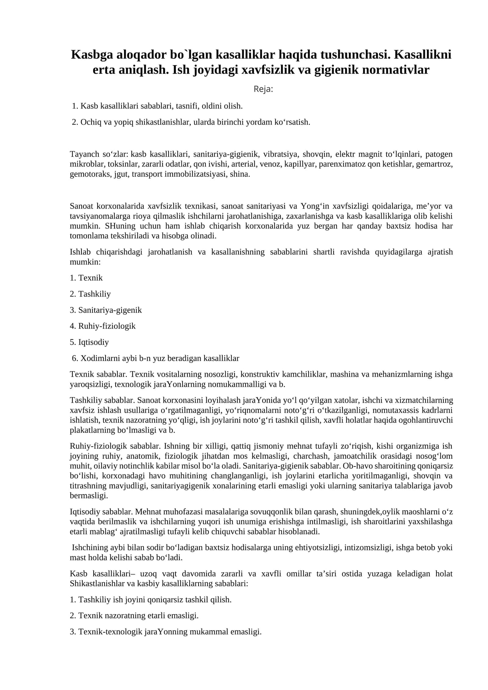 Kasb kasalliklari va xavfsizlik