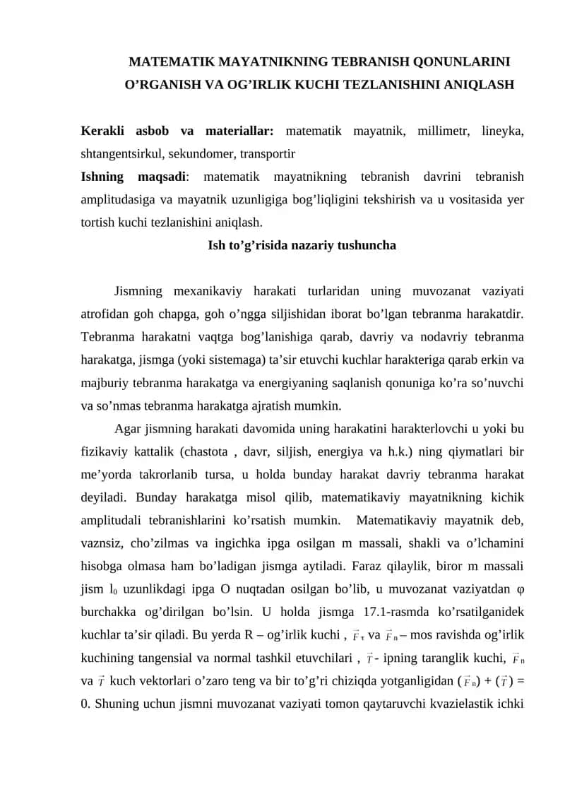 MATEMATIK MAYATNIKNING TEBRANISH QONUNLARINI O’RGANISH VA OG’IRLIK KUCHI TEZLANISHINI ANIQLASH