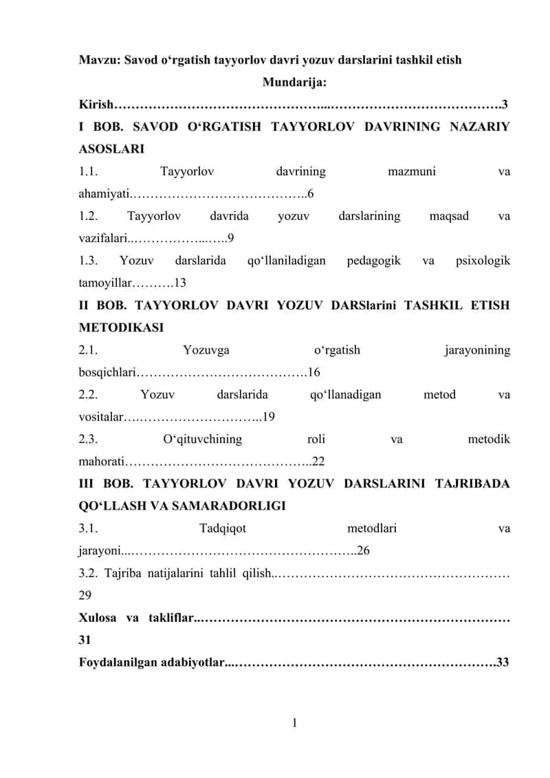 Savod o‘rgatish tayyorlov davri yozuv darslarini tashkil etish