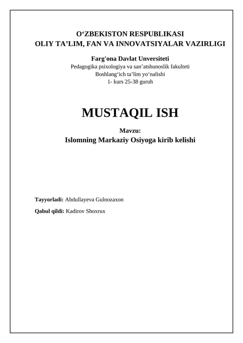 Islomning Markaziy Osiyoga kirib kelishi