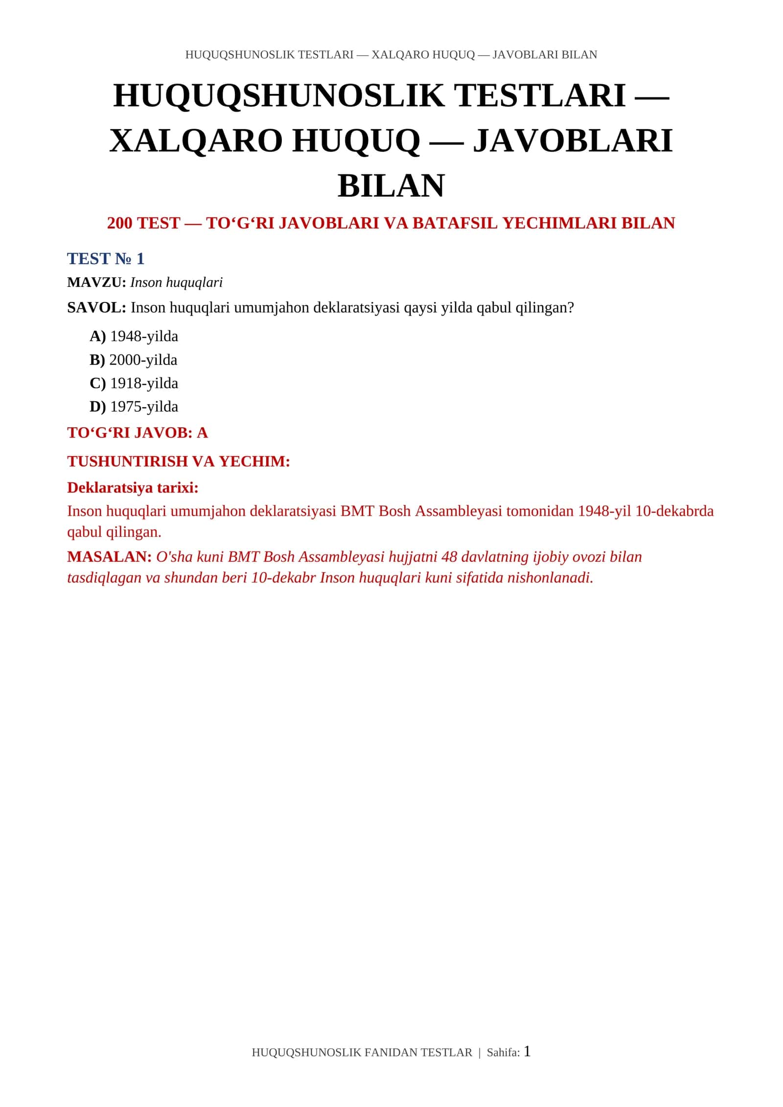 HUQUQSHUNOSLIK TESTLARI — XALQARO HUQUQ — JAVOBLARI BILAN