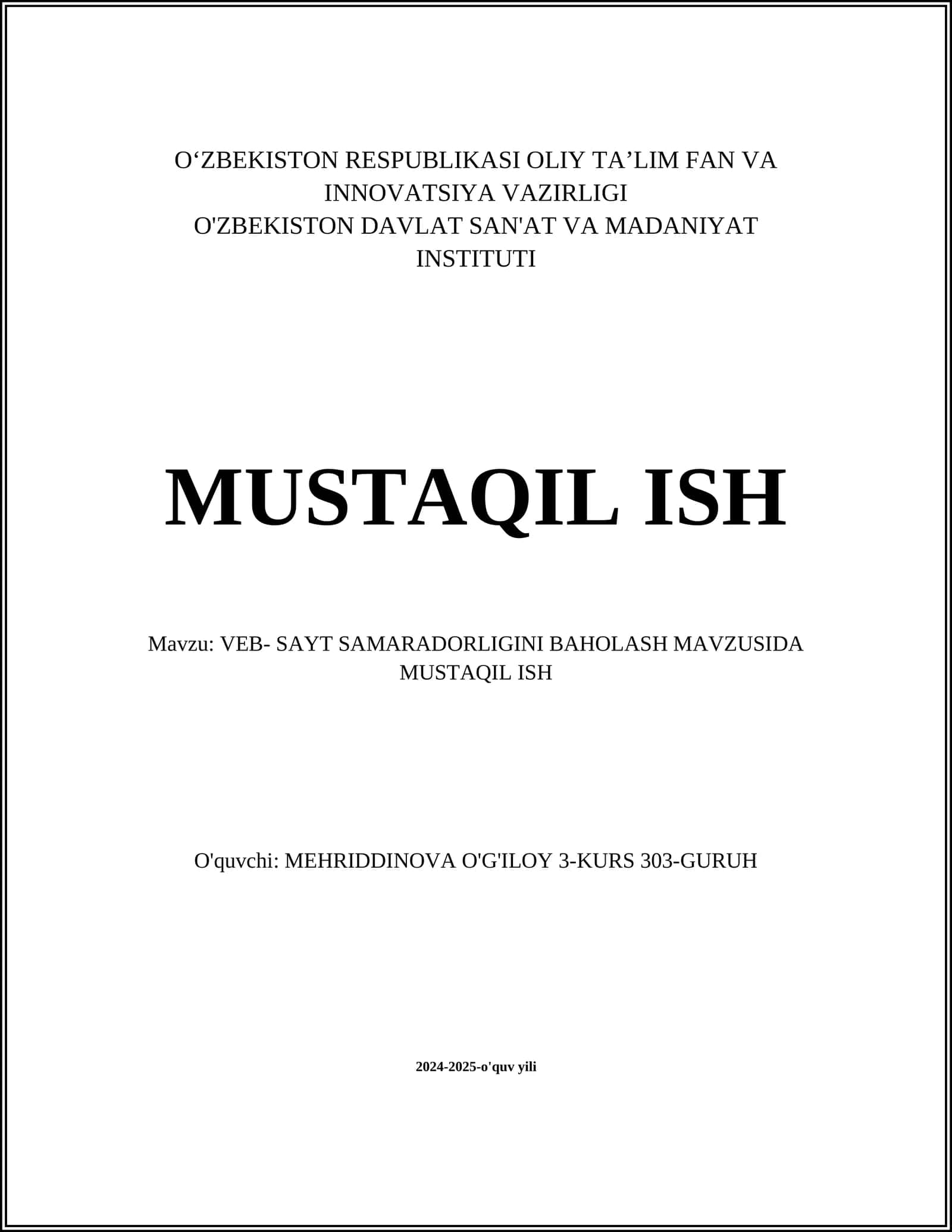 VEB- SAYT SAMARADORLIGINI BAHOLASH MAVZUSIDA MUSTAQIL ISH