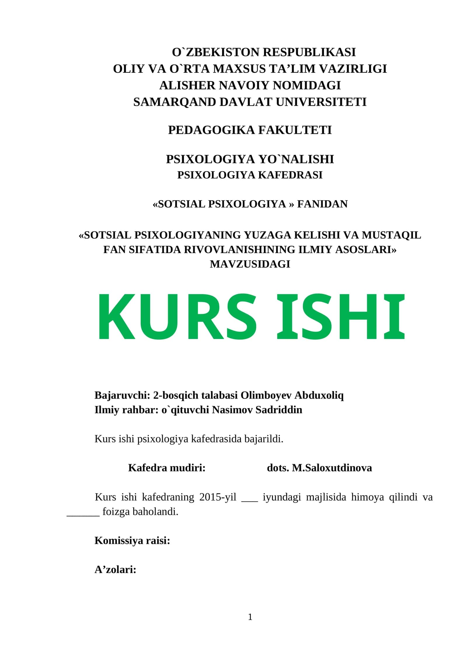 SOTSIAL PSIXOLOGIYANING YUZAGA KELISHI VA MUSTAQIL FAN SIFATIDA RIVOVLANISHINING ILMIY ASOSLARI
