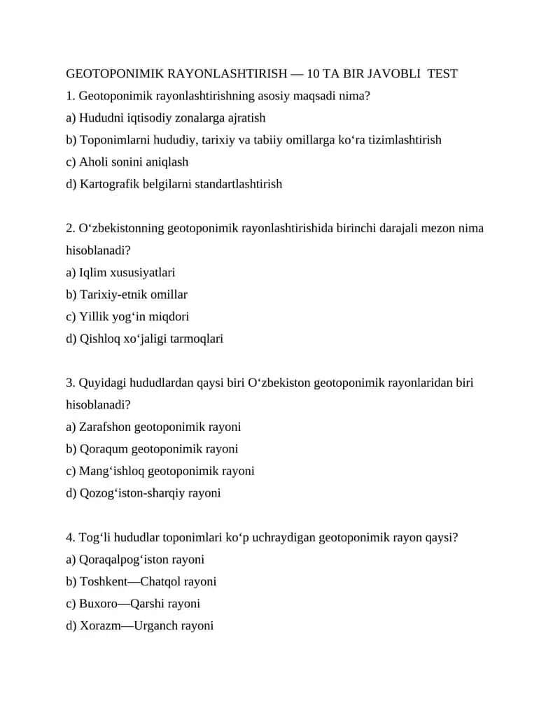 GEOTOPONIMIK RAYONLASHTIRISH — 10 TA BIR JAVOBLI TEST