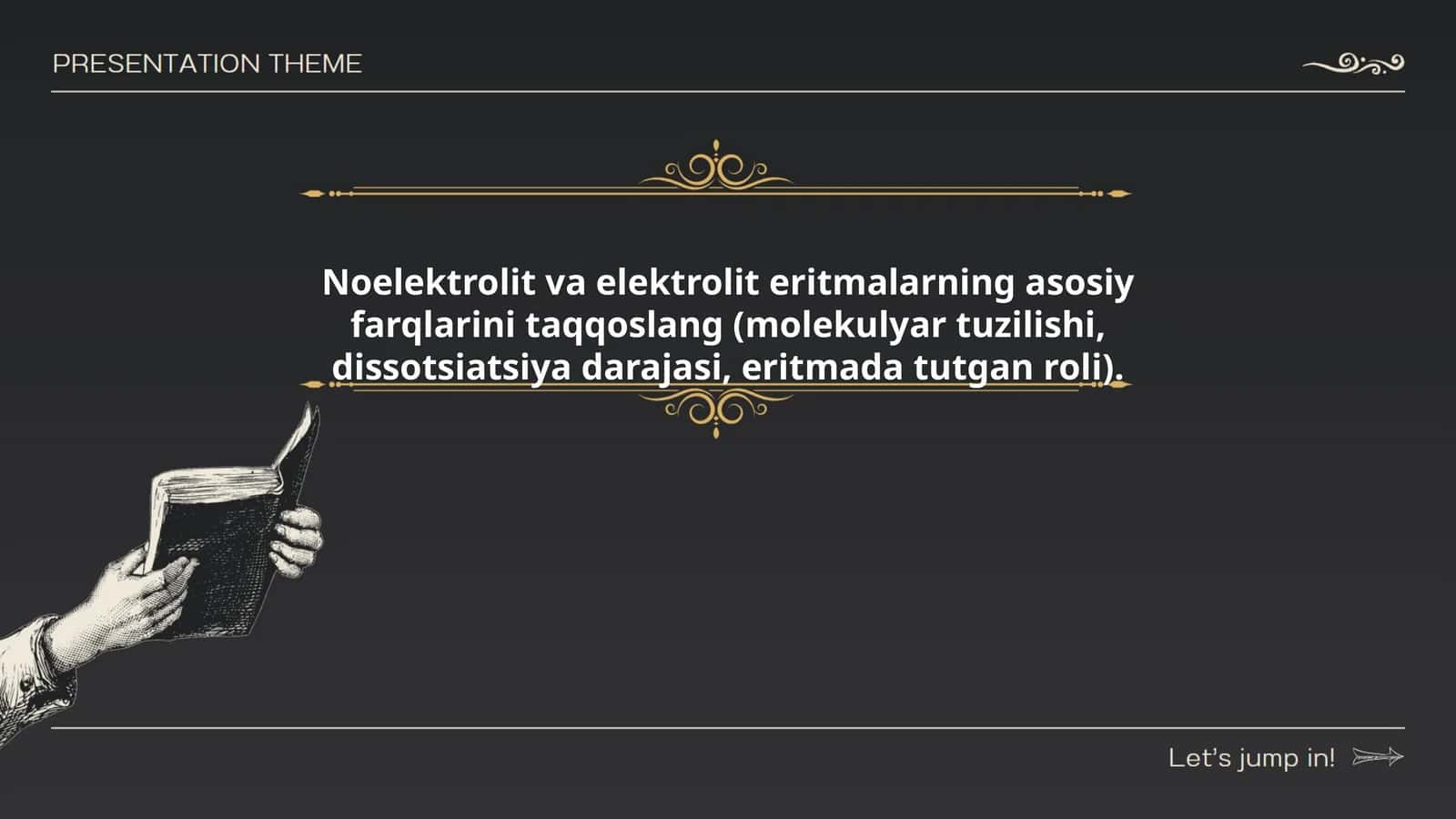 Noelektrolit va elektrolit eritmalarning asosiy farqlarini taqqoslang (molekulyar tuzilishi, dissotsiatsiya darajasi, eritmada tutgan roli)