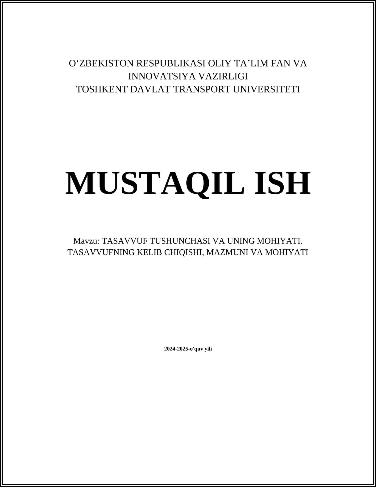 TASAVVUF TUSHUNCHASI VA UNING MOHIYATI