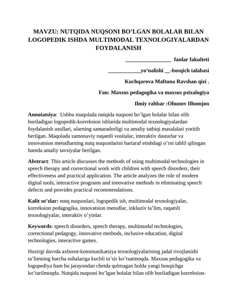 NUTQIDA NUQSONI BO’LGAN BOLALAR BILAN LOGOPEDIK ISHDA MULTIMODAL TEXNOLOGIYALARDAN FOYDALANISH