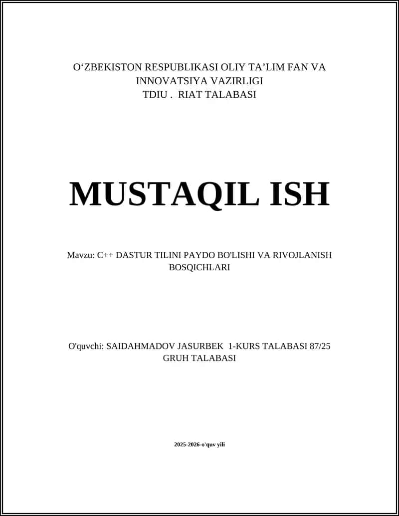 C++ DASTUR TILINI PAYDO BO'LISHI VA RIVOJLANISH BOSQICHLARI