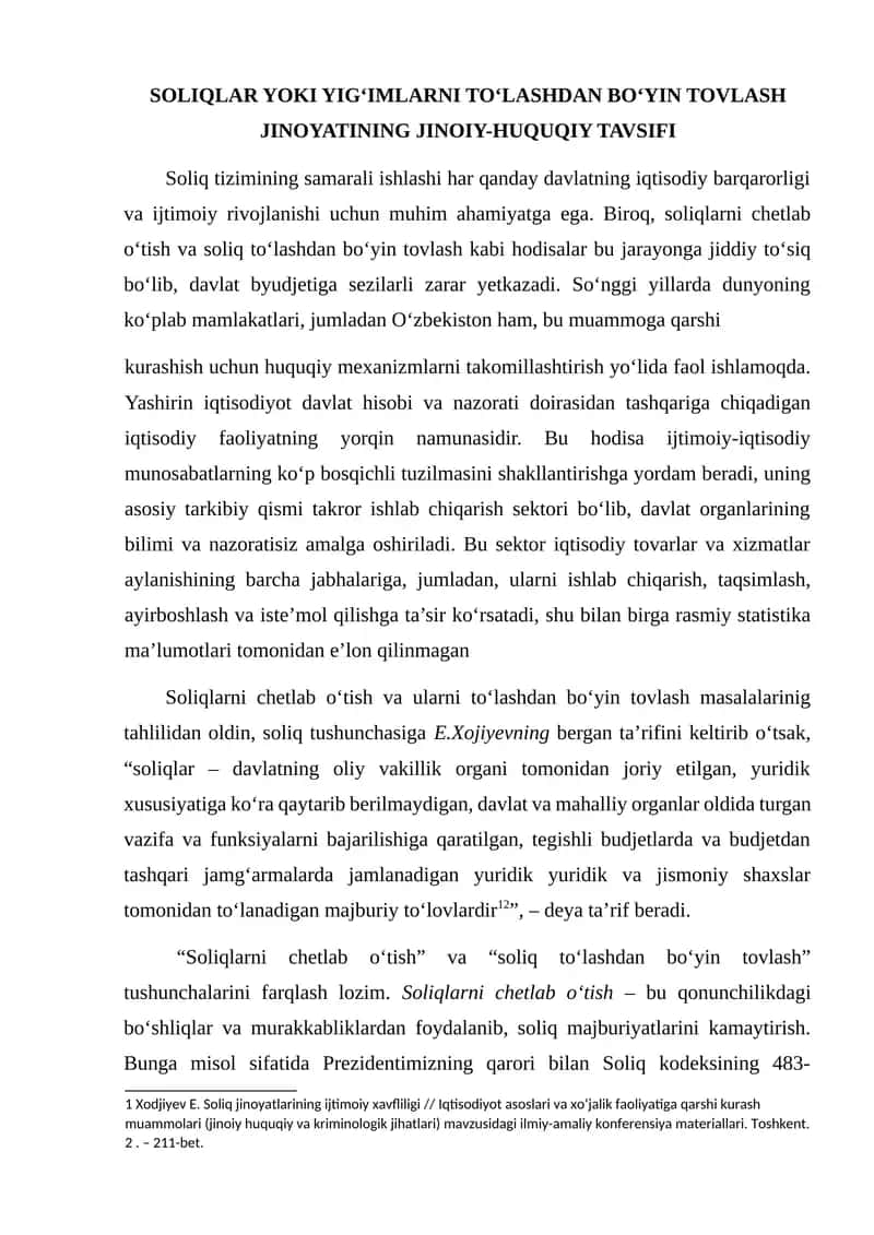 Soliqlar Yoki Yig‘imlarni To‘lashdan Bo‘yin To‘vlash Jinoiyatining Jinoiy-Huquqiy Tavsifi