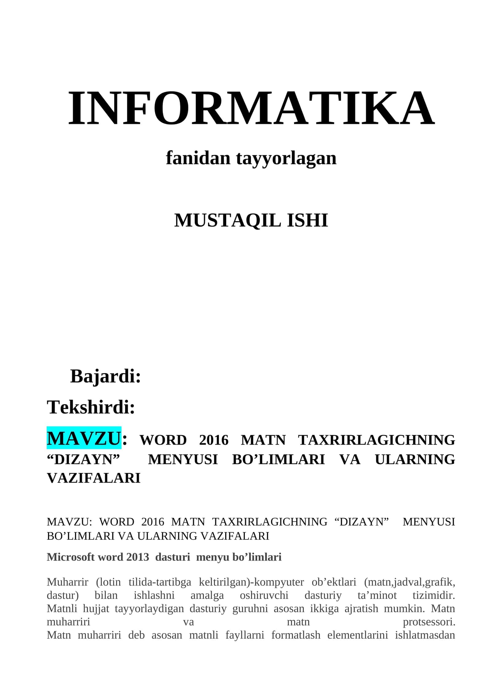WORD 2016 MATN TAXRIRLAGICHNING “DIZAYN” MENYUSI BO’LIMLARI VA ULARNING VAZIFALARI