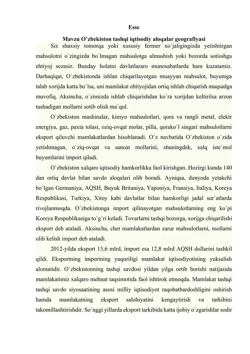 Oʻzbekistonning tashqi iqtisdiy aloqalari mavzusida essay