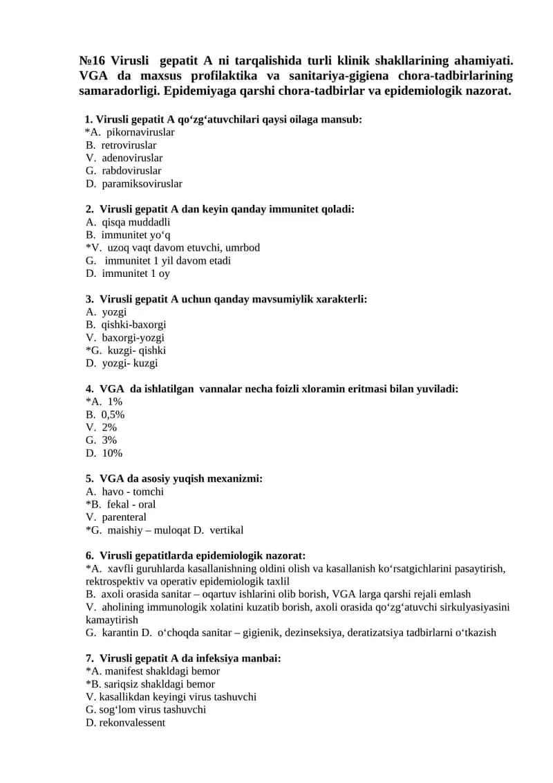 Virusli gepatit A ni tarqalishida turli klinik shakllarining ahamiyati. VGA da maxsus profilaktika va sanitariya-gigiena chora-tadbirlarining samaradorligi. Epidemiyaga qarshi chora-tadbirlar va epidemiologik nazorat
