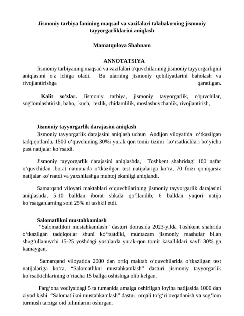 Jismoniy tarbiya fanining maqsad va vazifalari talabalarning jismoniy tayyorgarliklarini aniqlash