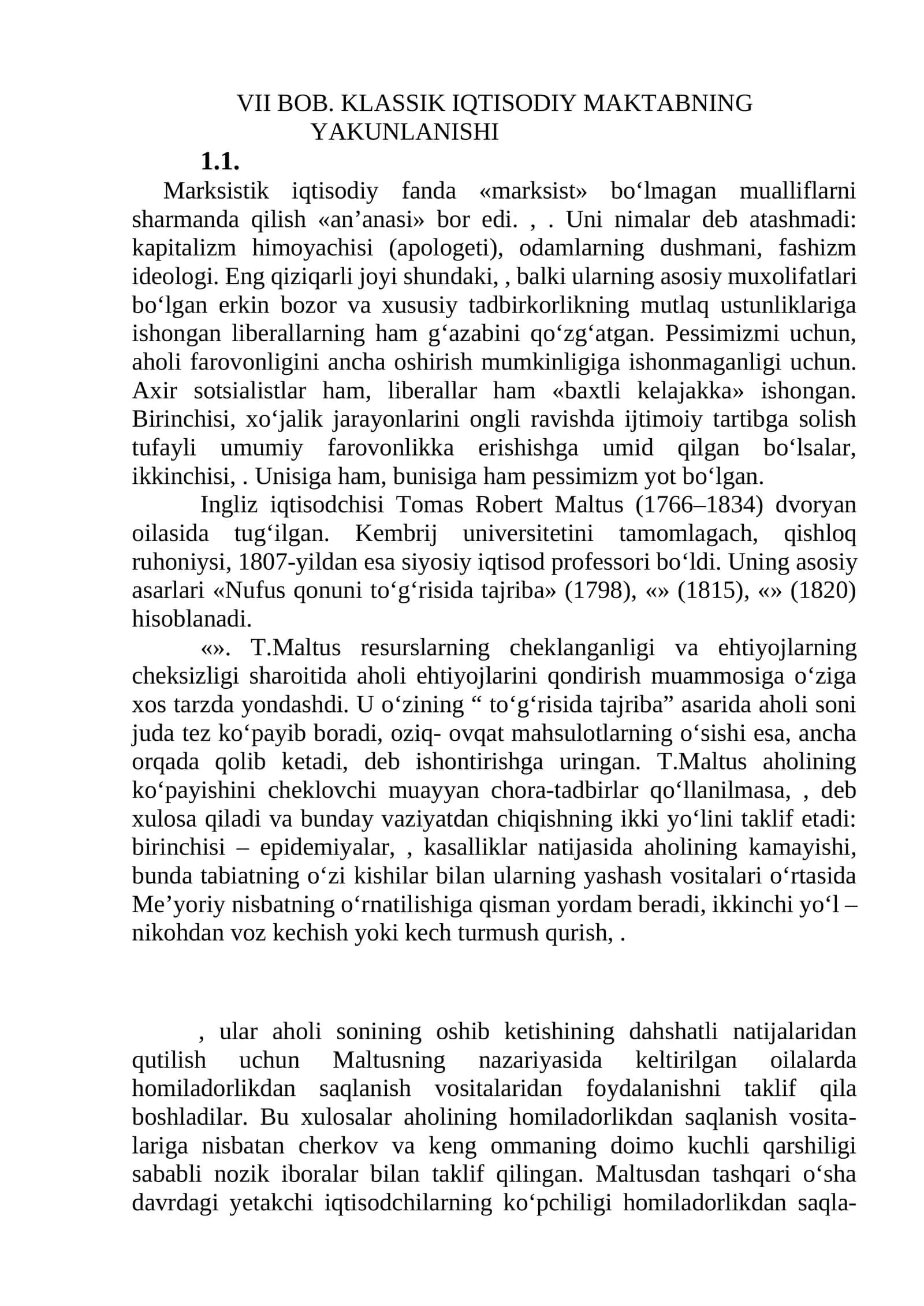 BOB. KLASSIK IQTISODIY MAKTABNING YAKUNLANISHI