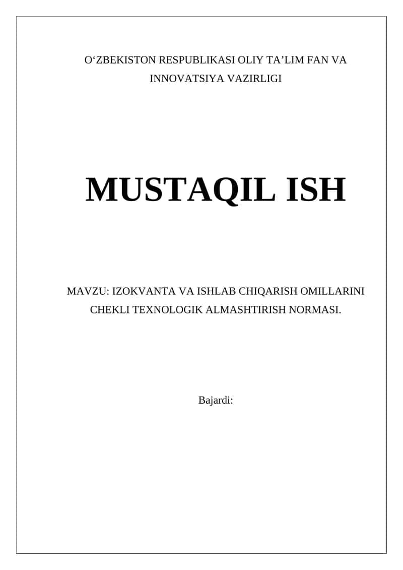IZOKVANTA VA ISHLAB CHIQARISH OMILLARINI CHEKLI TEXNOLOGIK ALMASHTIRISH NORMASI