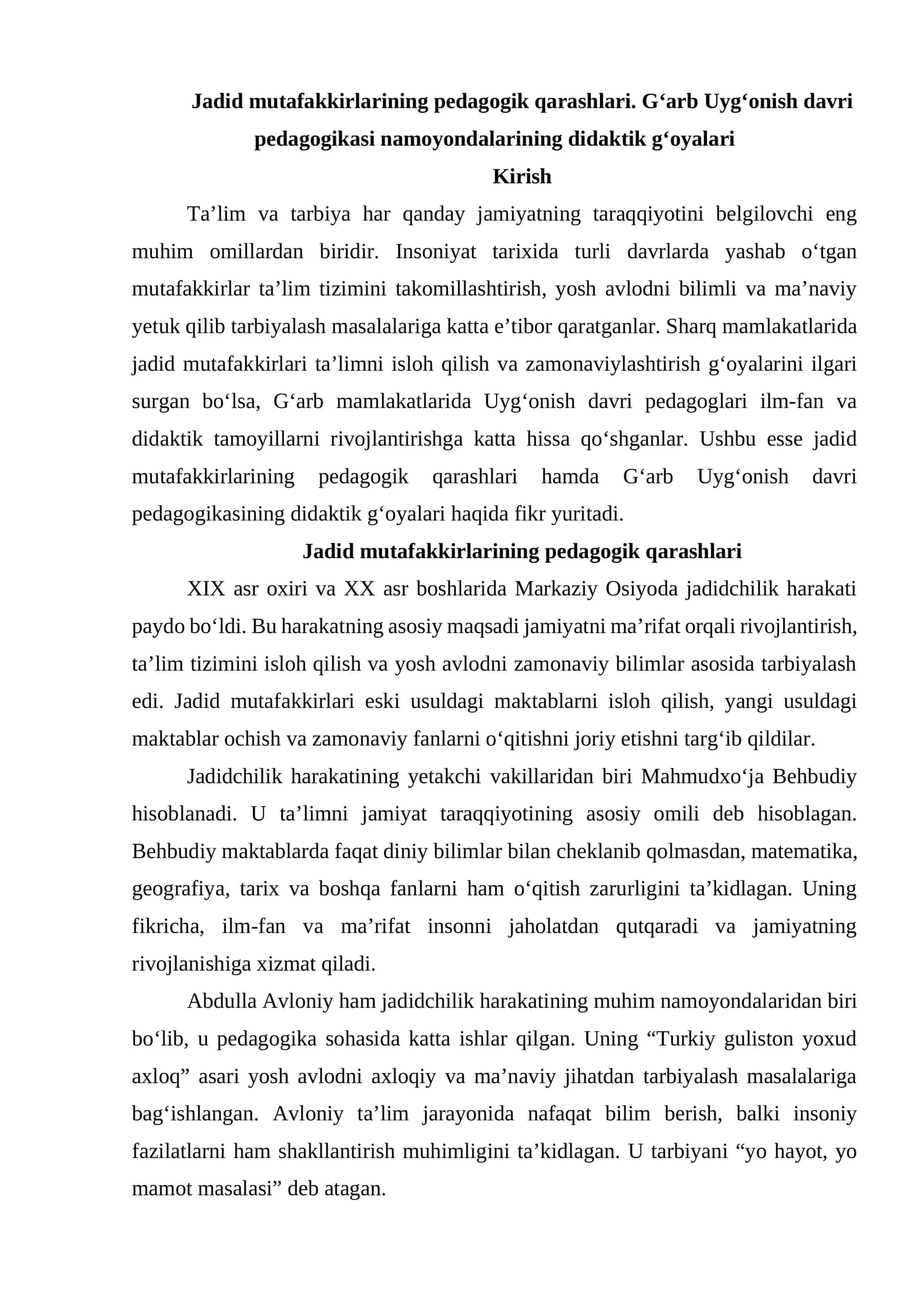 Jadid mutafakkirlarining pedagogik qarashlari