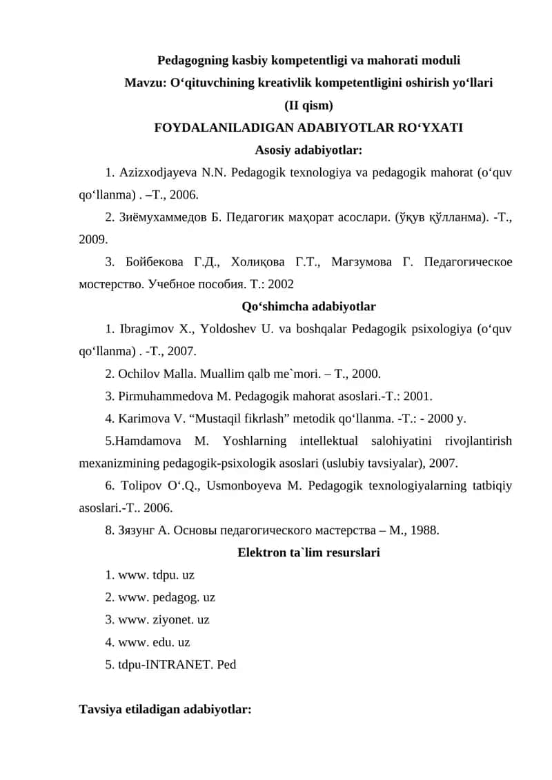 Pedagogning kasbiy kompetentligi va mahorati moduli
