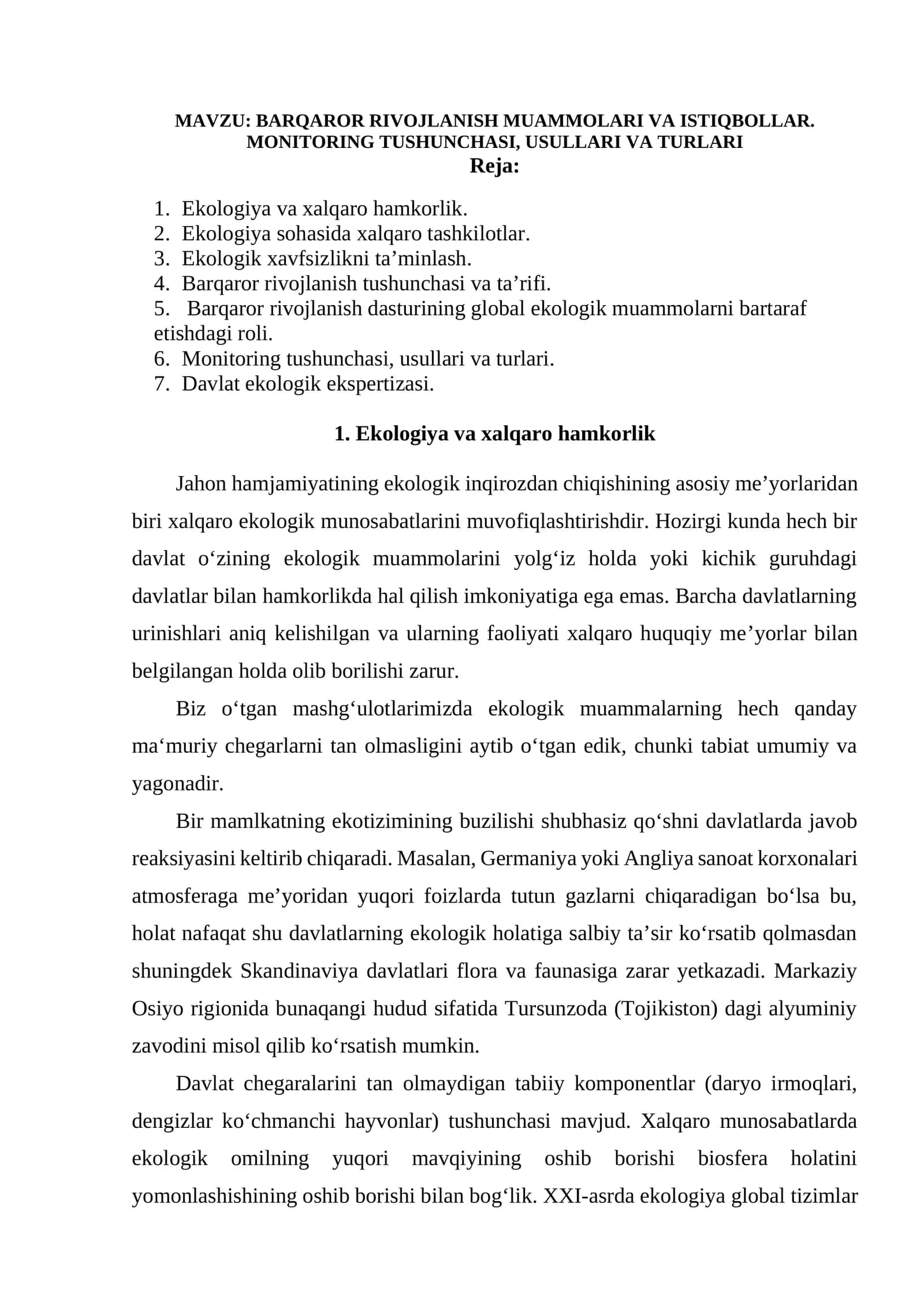 BARQAROR RIVOJLANISH MUAMMOLARI VA ISTIQBOLLAR. MONITORING TUSHUNCHASI, USULLARI VA TURLARI