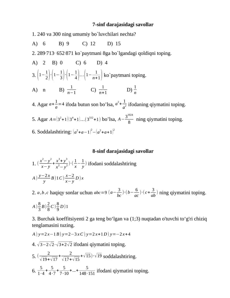 7-sinf darajasidagi savollar matematika