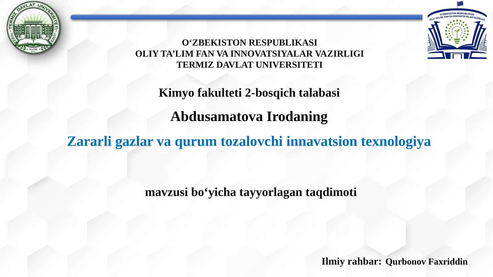 Zararli gazlar va qurum tozalovchi innovatsion texnologiya