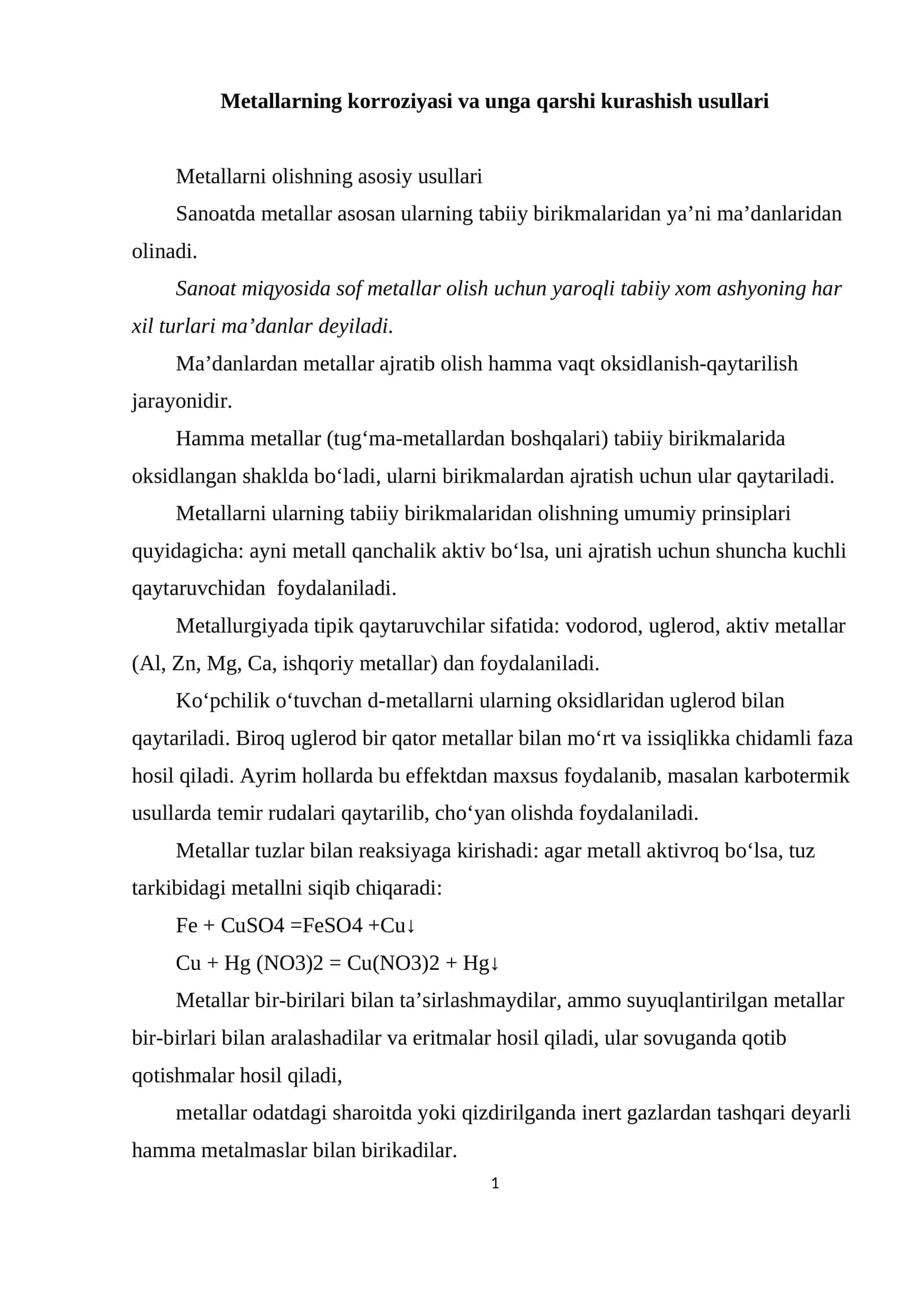 Metallarning korroziyasi va unga qarshi kurashish usullari
