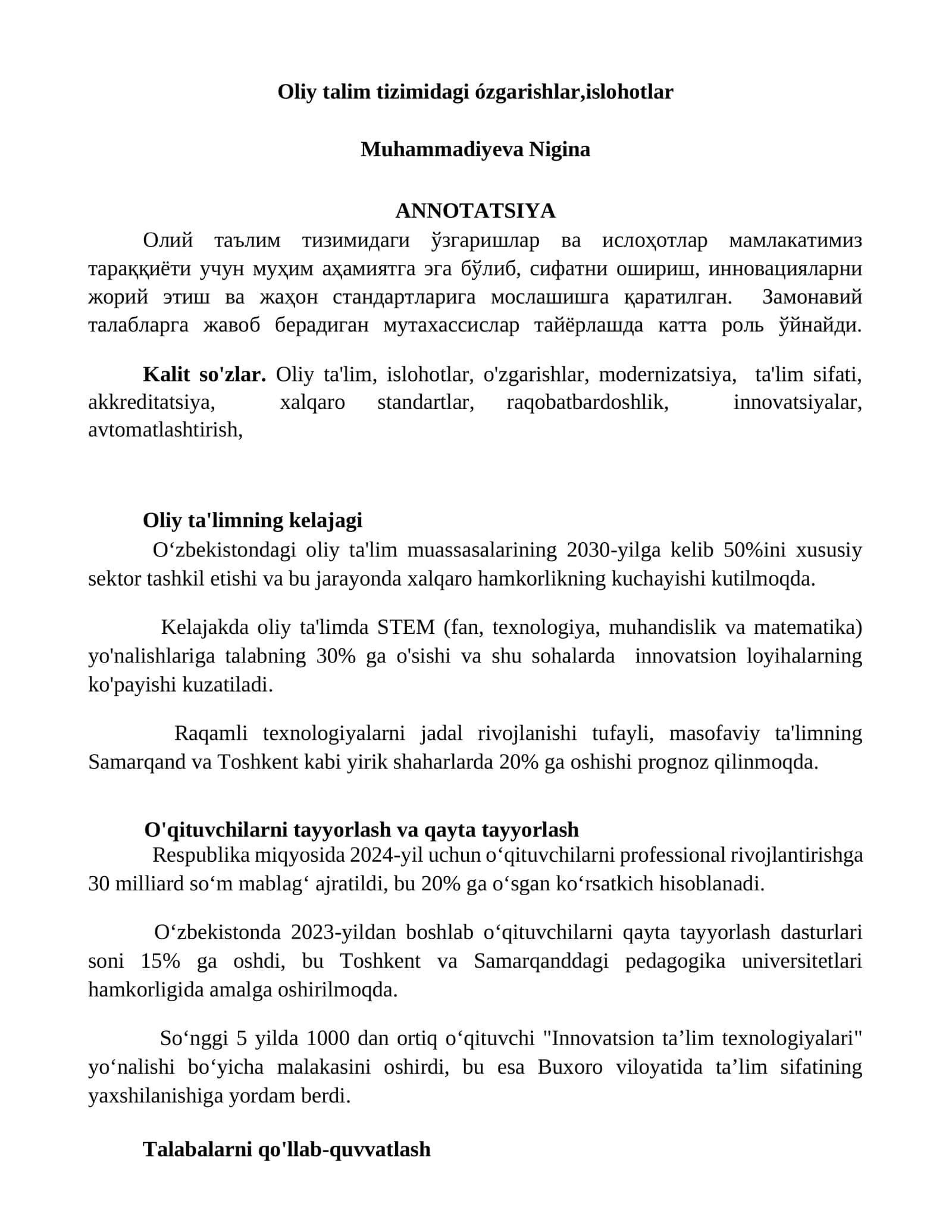 Oliy talim tizimidagi ózgarishlar,islohotlar