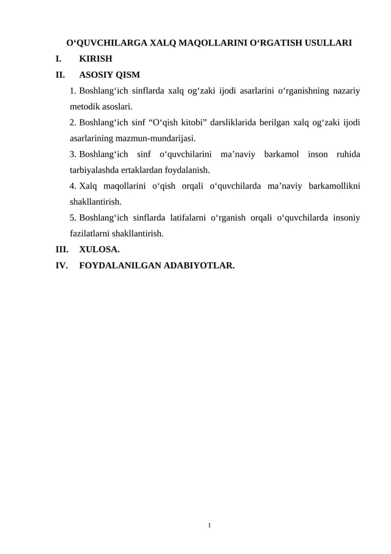 O‘QUVCHILARGA XALQ MAQOLLARINI O‘RGATISH USULLARI
