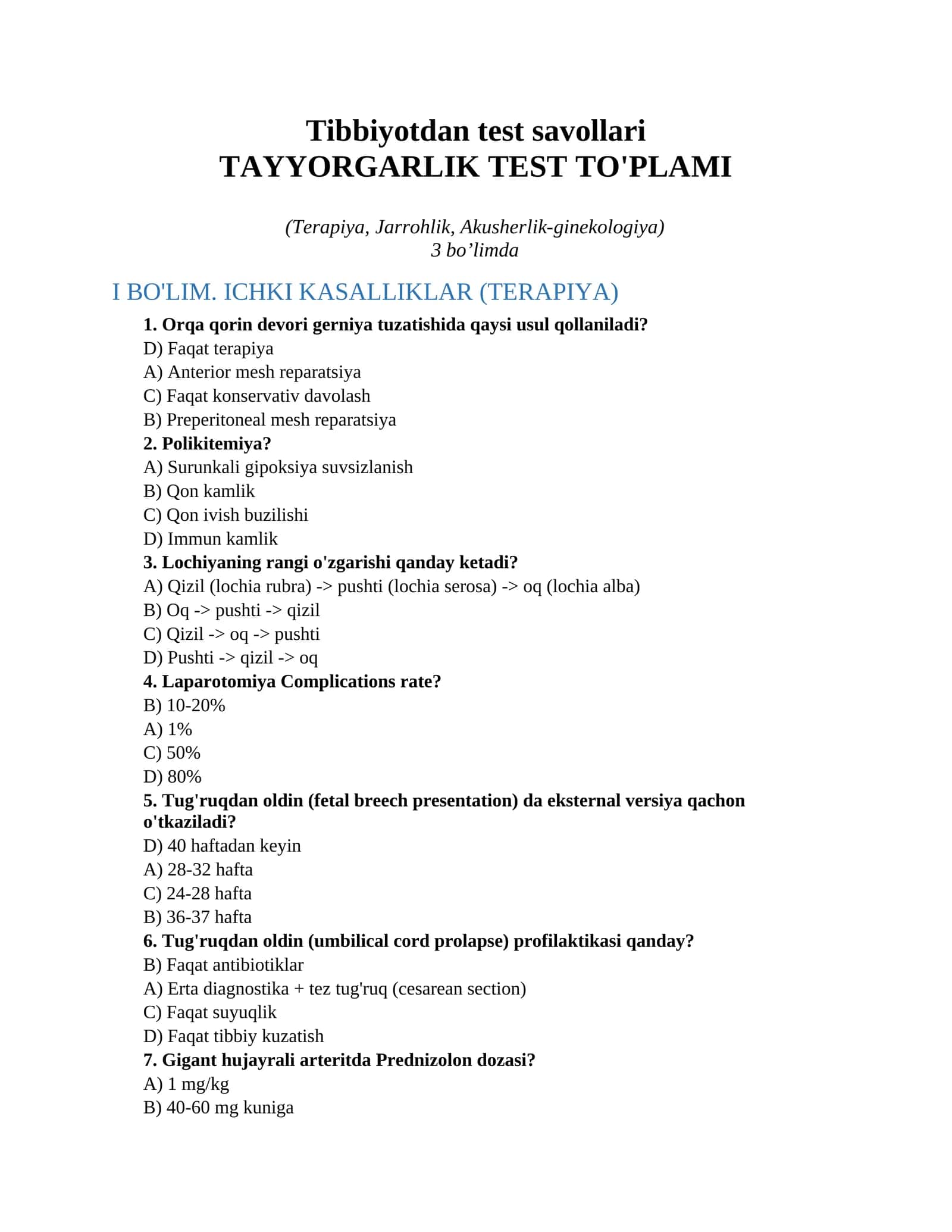 Tibbiyotdan test savollari
