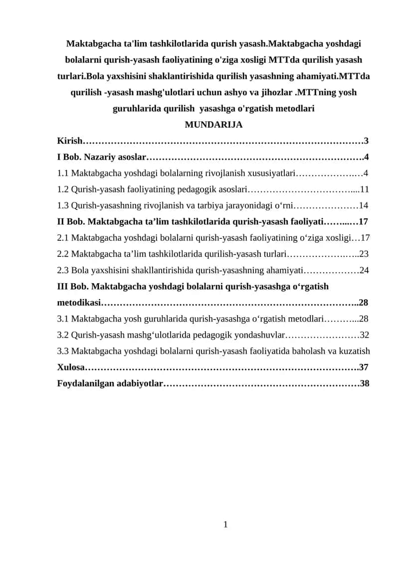 Maktabgacha ta'lim tashkilotlarida qurish yasash