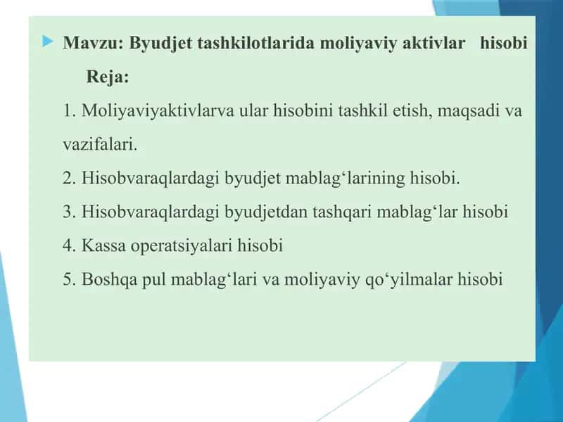 Byudjet tashkilotlarida moliyaviy aktivlar hisobi