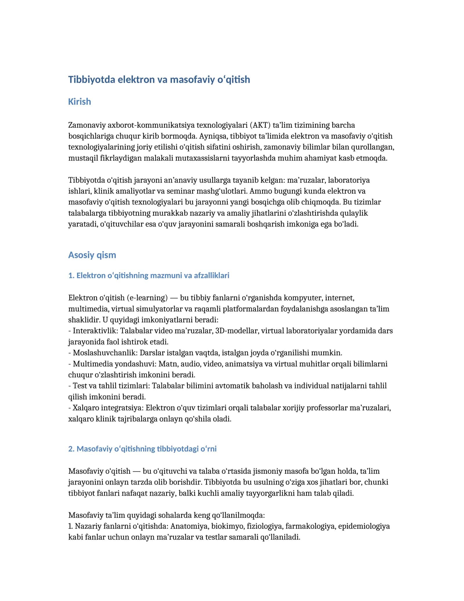 Tibbiyotda elektron va masofaviy o‘qitish