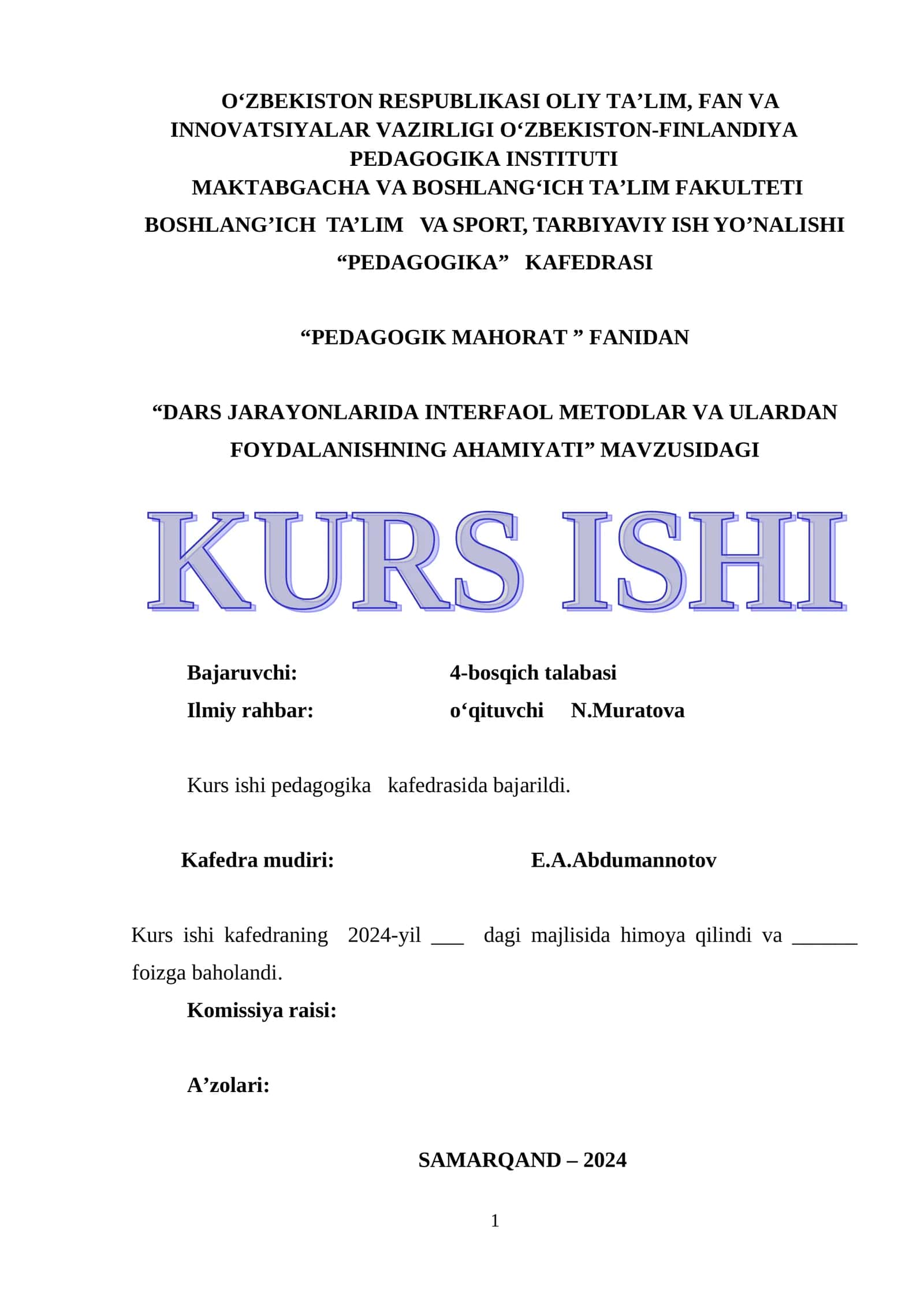 "DARS JARAYONLARIDA INTERFAOL METODLAR VA ULARDAN FOYDALANISHNING AHAMIYATI"