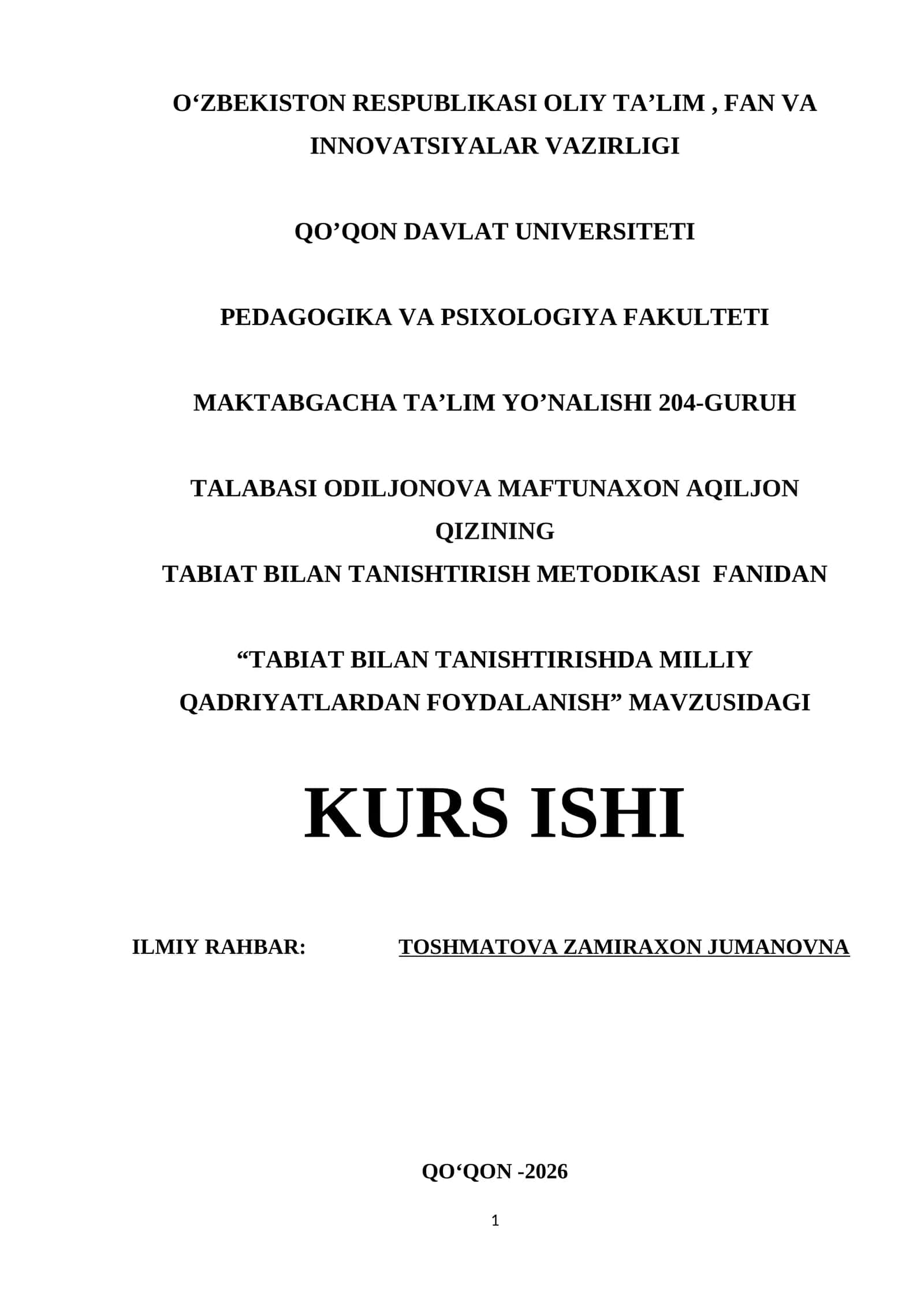 "TABIAT BILAN TANISHTIRISHDA MILLIY QADRIYATLARDAN FOYDALANISH" MAVZUSIDAGI KURS ISHI