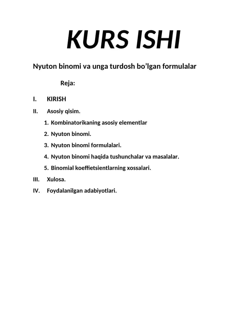 Nyuton binomi va unga turdosh boโlgan formulalar