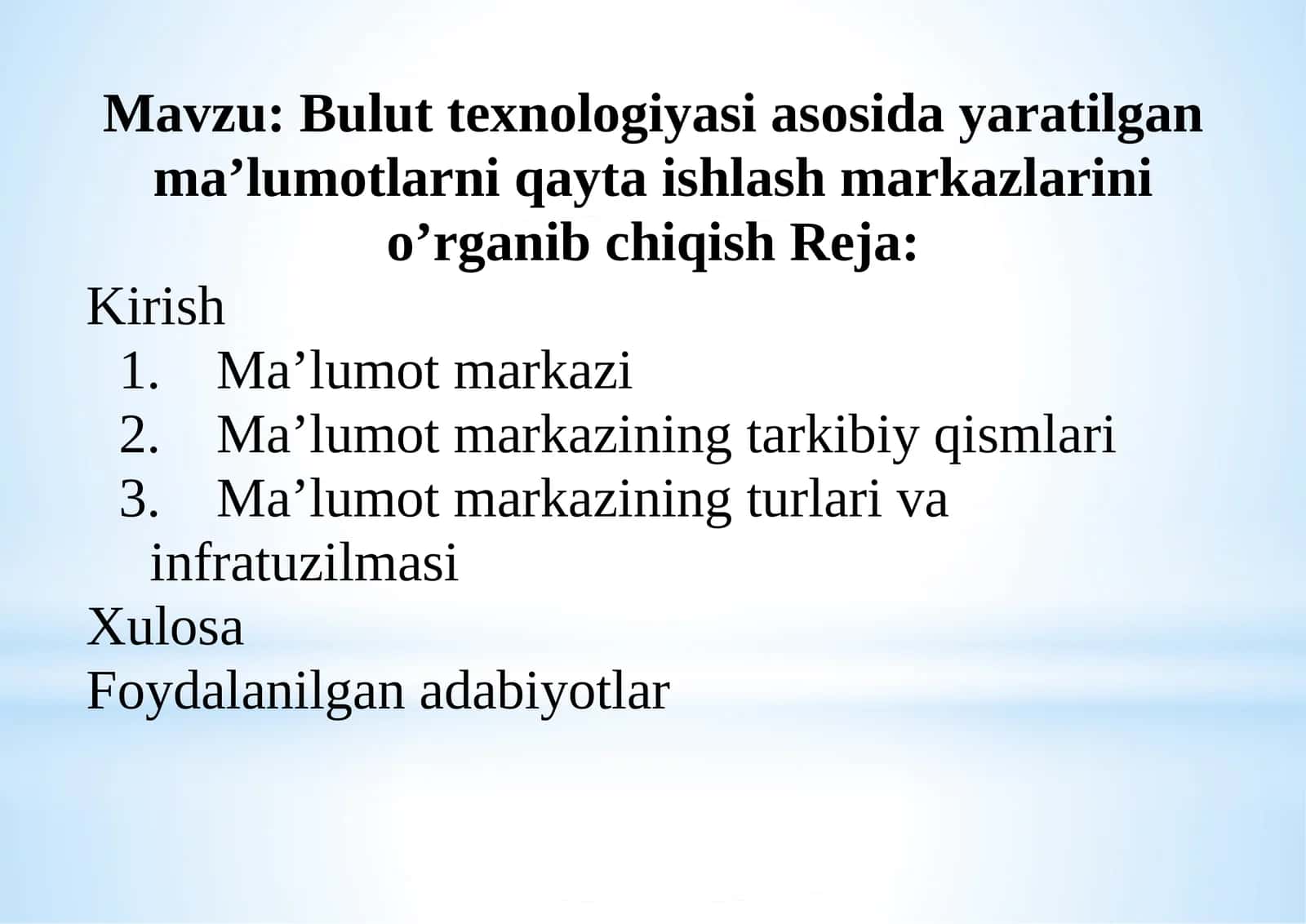 Bulut texnologiyasi asosida yaratilgan ma’lumotlarni qayta ishlash markazlarini