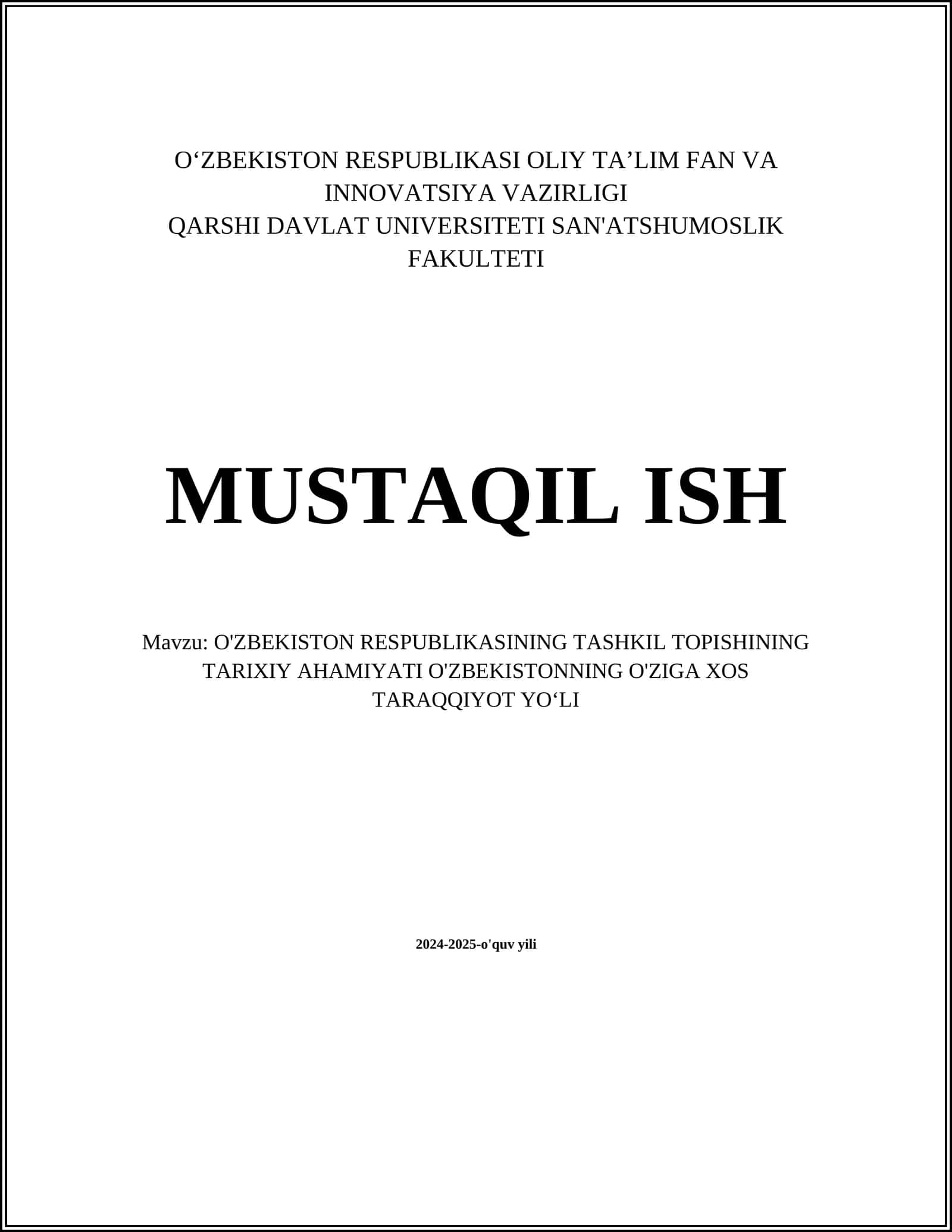 O'ZBEKISTON RESPUBLIKASI OLIY TA’LIM FAN VA INNOVATSIYA VAZIRLIGI