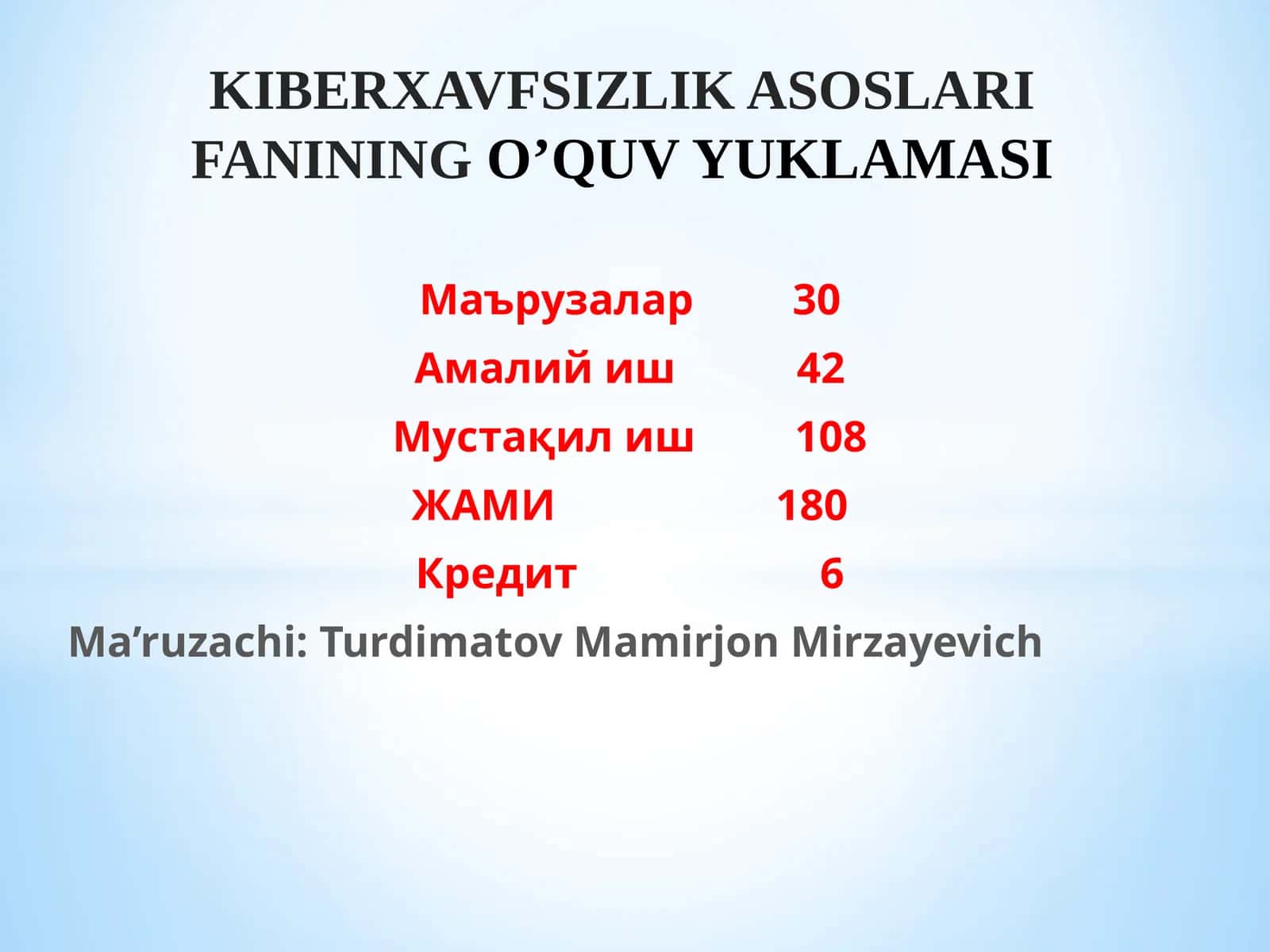 KIBERXAVFSIZLIK ASOSLARI FANINING O’QUV YUKLAMASI