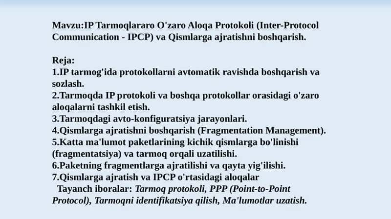 IP Tarmoqlararo O'zaro Aloqa Protokoli