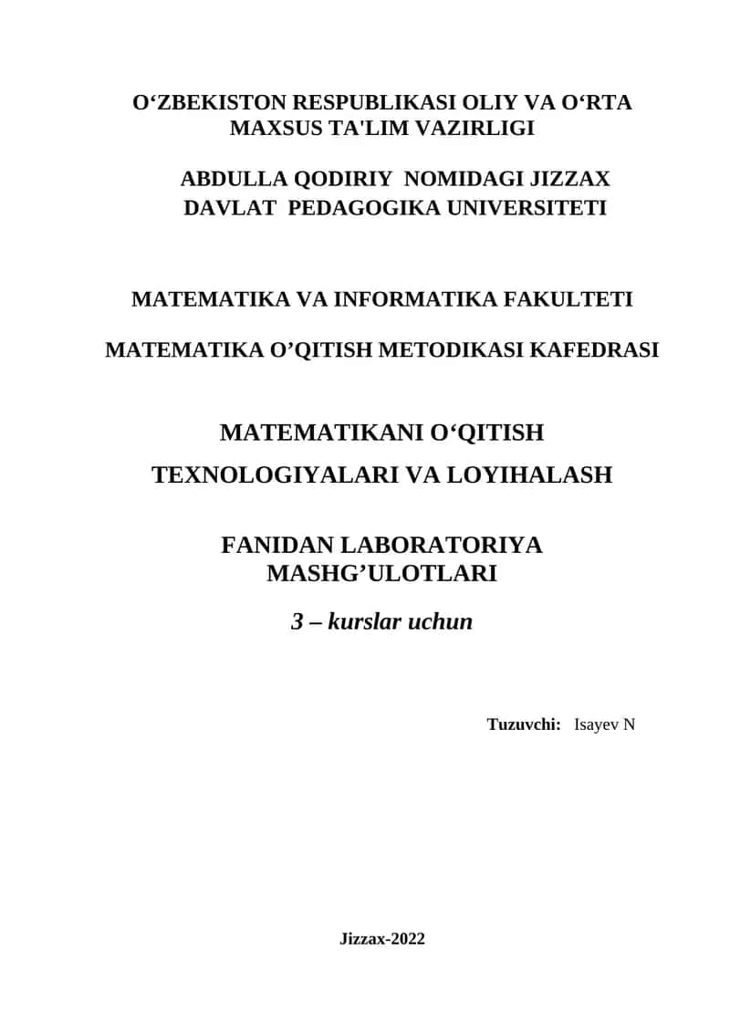 MАTЕMАTIKАNI O‘QITISH TЕХNОLОGIYALАRI VA LOYIHALASH FANIDAN LABORATORIYA MASHG’ULOTLARI