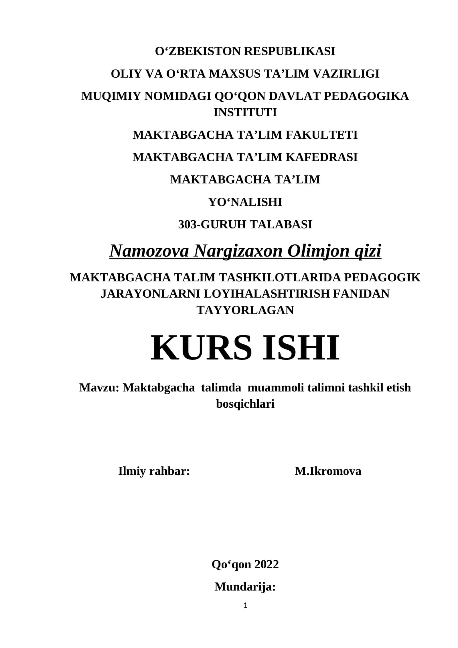 KURS ISHI: Maktabgacha talimda muammoli talimni tashkil etish bosqichlari