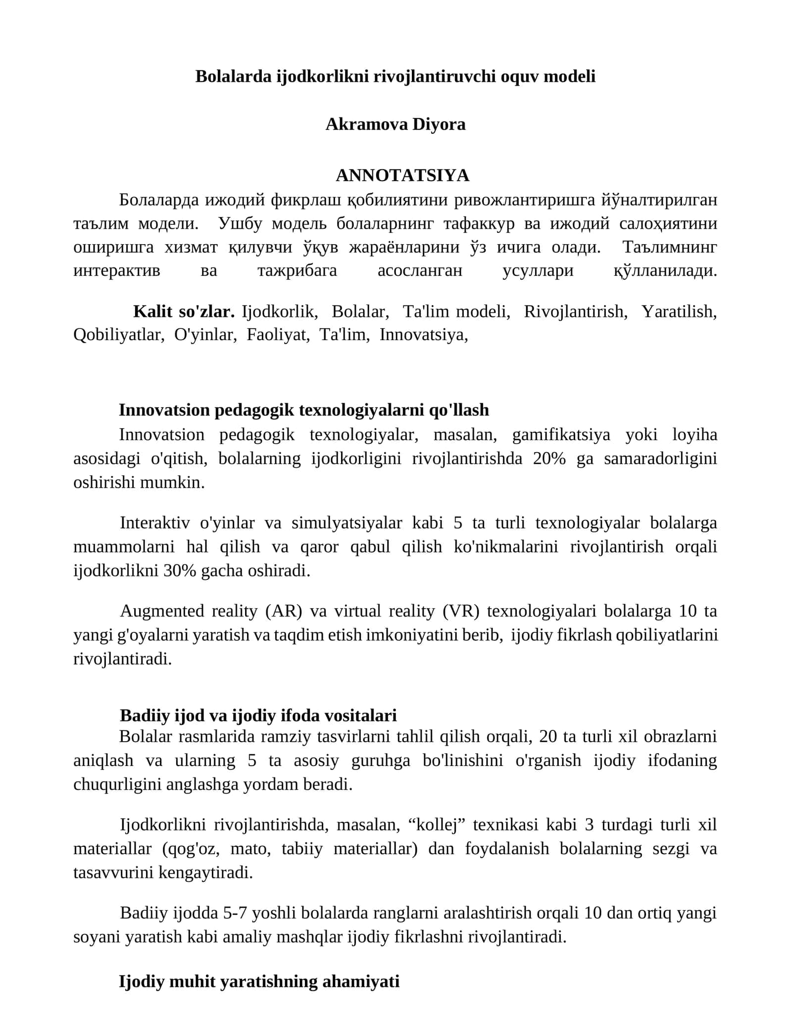Bolalarda ijodkorlikni rivojlantiruvchi oquv modeli
