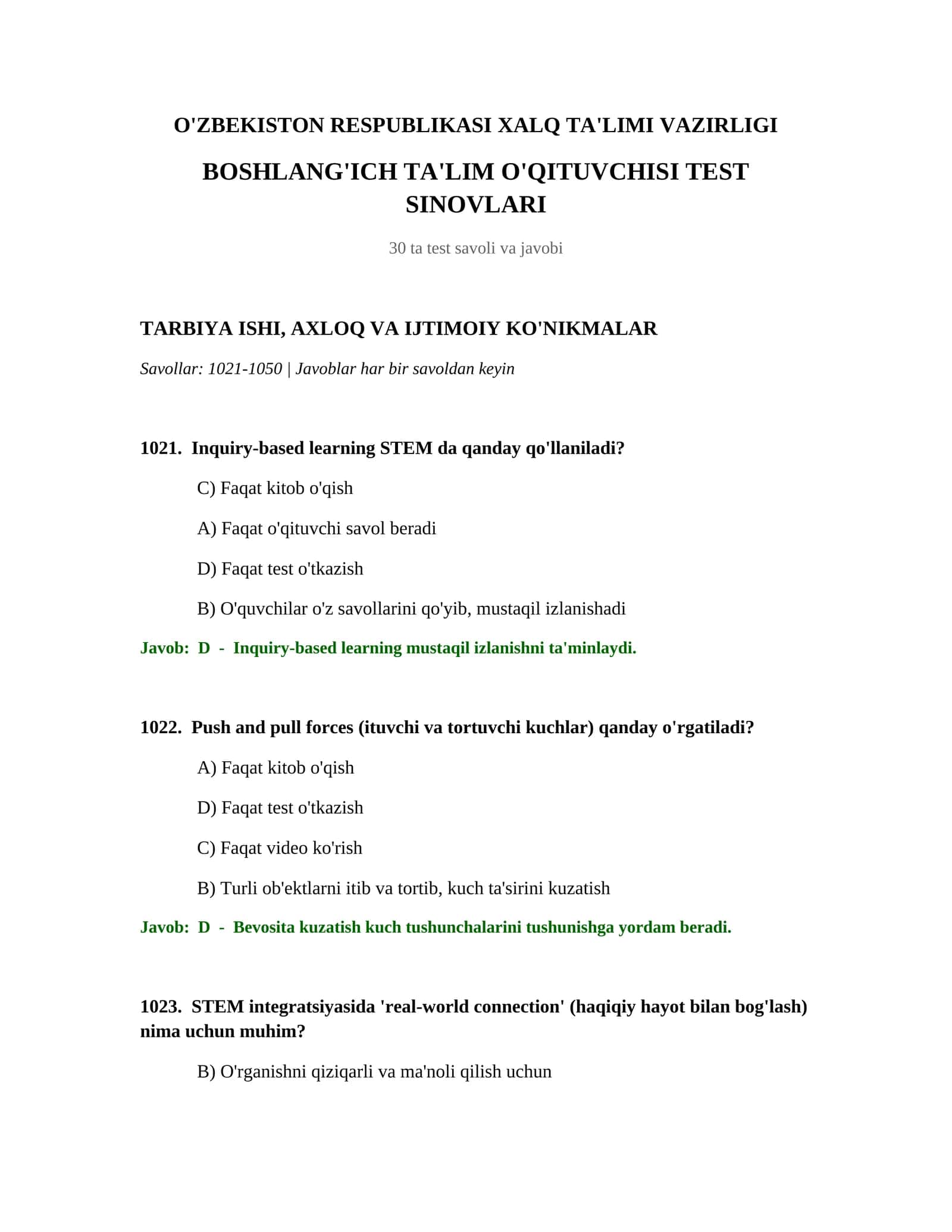 BOSHLANG'ICH TA'LIM O'QITUVCHISI TEST SINOVLARI