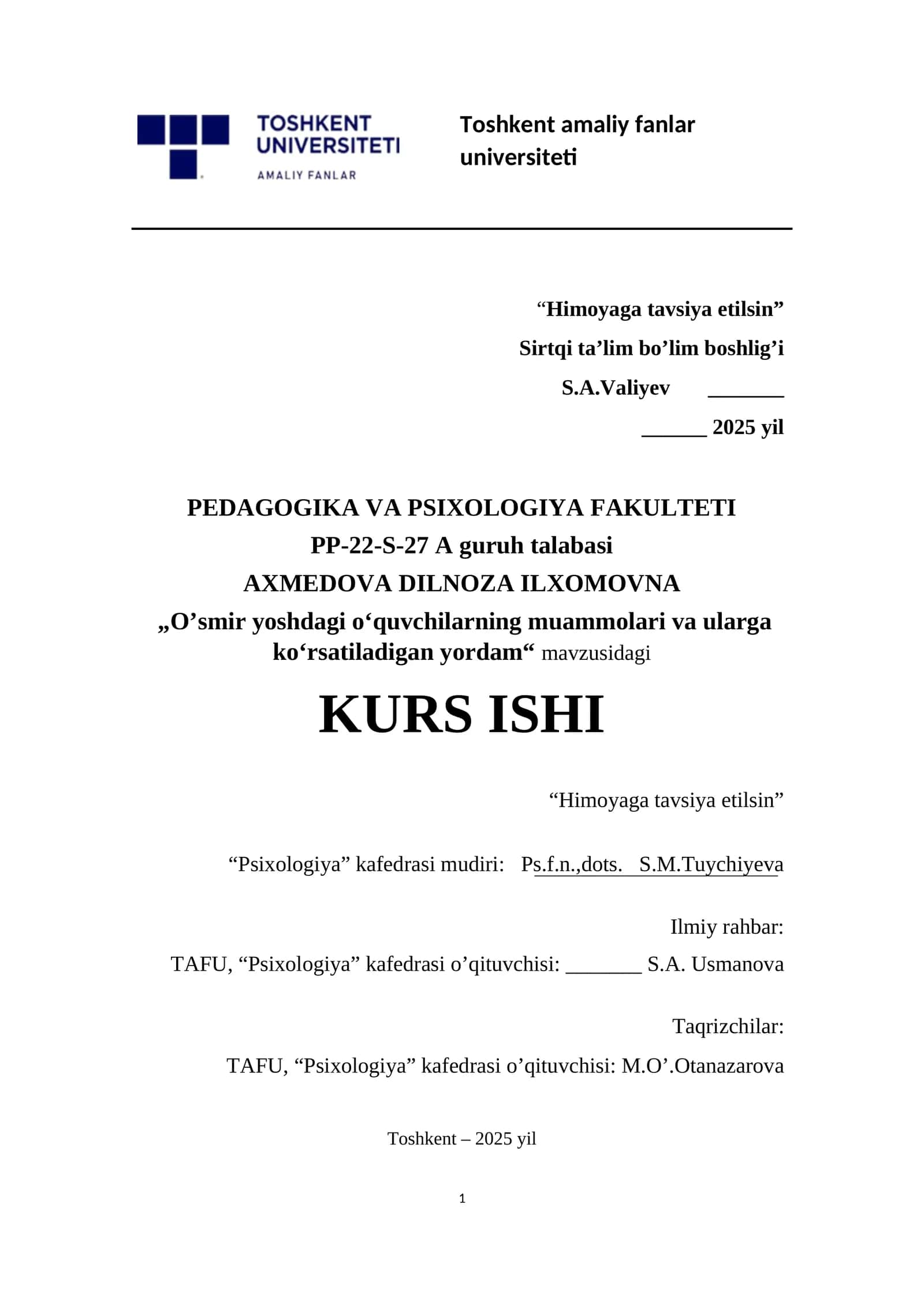 Oʻsmir yoshdagi bolalarning muammolari va ularga koʻrsatiladigan yordam