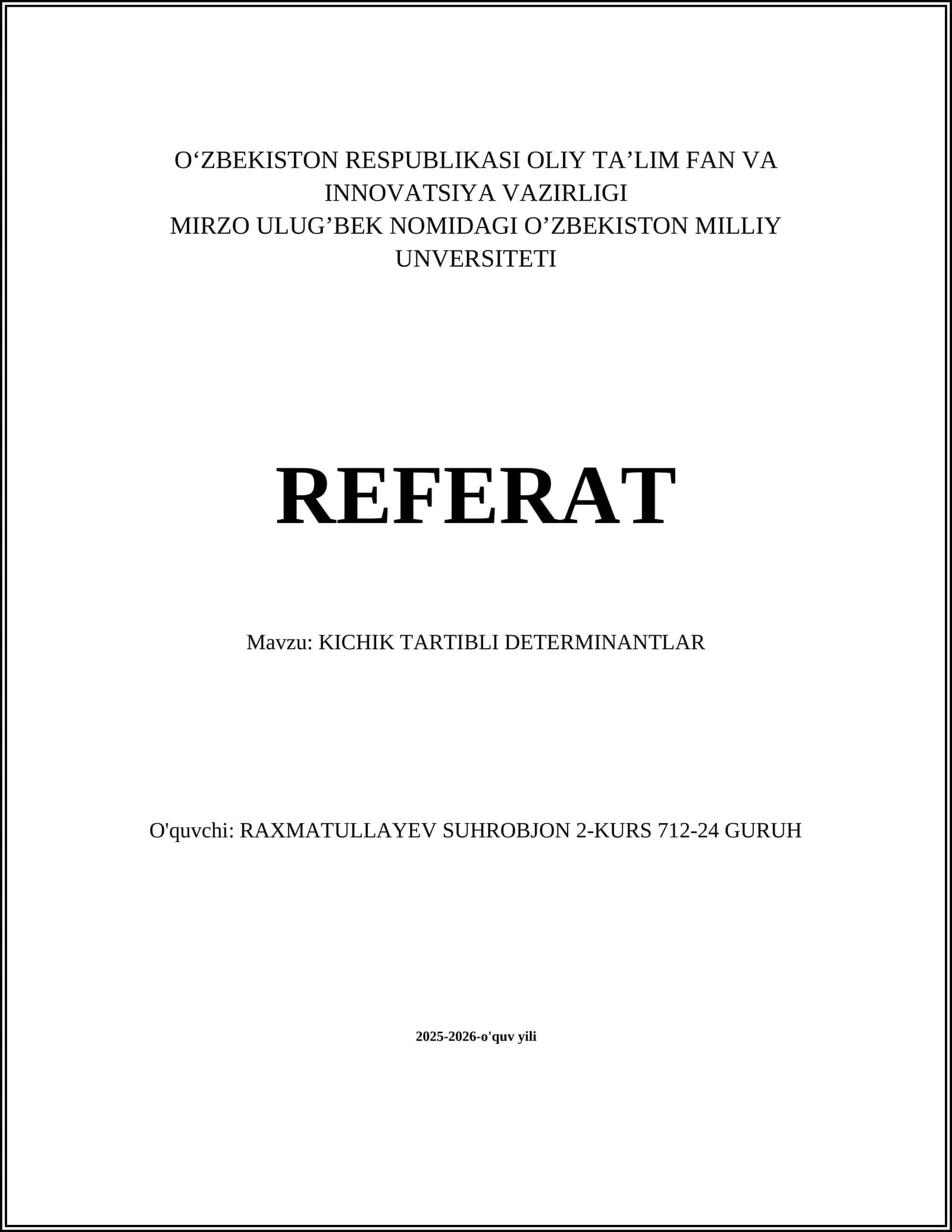 KICHIK TARTIBLI DETERMINANTLAR