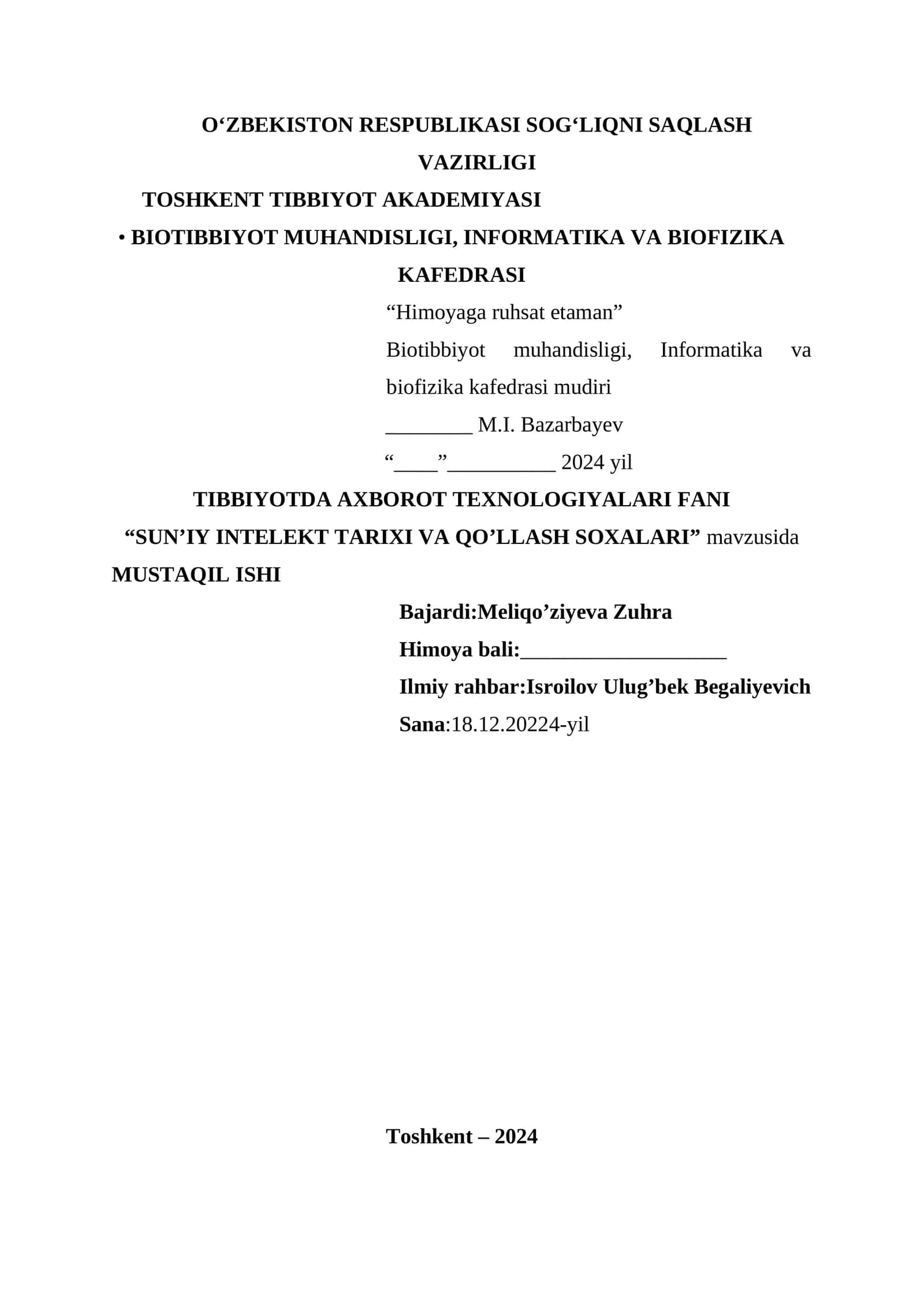 SUN’IY INTELEKT TARIXI VA QO’LLASH SOXALARI